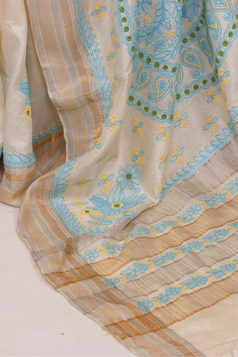 Ivory Chanderi Silk Saree with Blue Chikankari Embroidery
