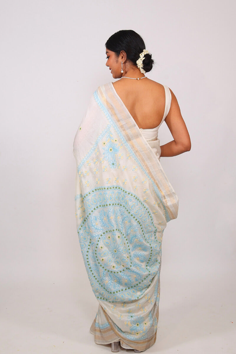 Ivory Chanderi Silk Saree with Blue Chikankari Embroidery