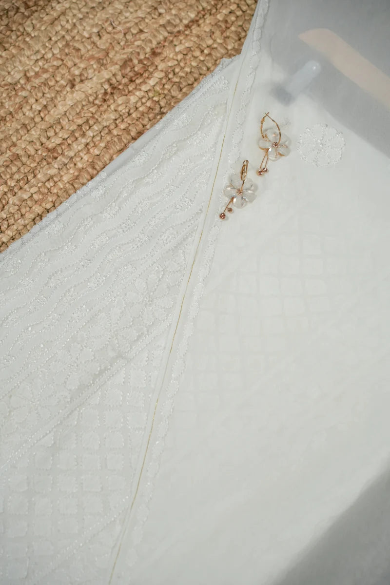 White Pure Georgette Chikankari Unstitched Kurta Dupatta Set with Resham Thread Work