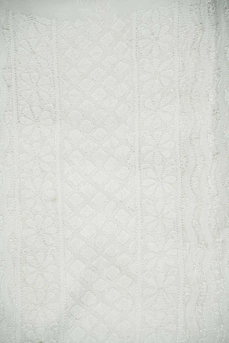 White Pure Georgette Chikankari Unstitched Kurta Dupatta Set with Resham Thread Work
