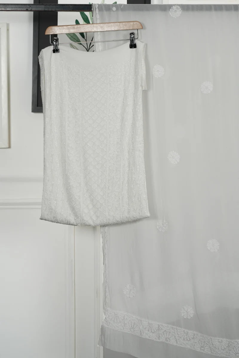 White Pure Georgette Chikankari Unstitched Kurta Dupatta Set with Resham Thread Work