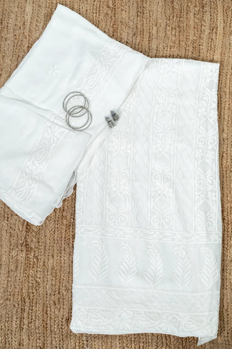White Pure Georgette Chikankari Kurta with Dupatta – Sequin & White Thread Work