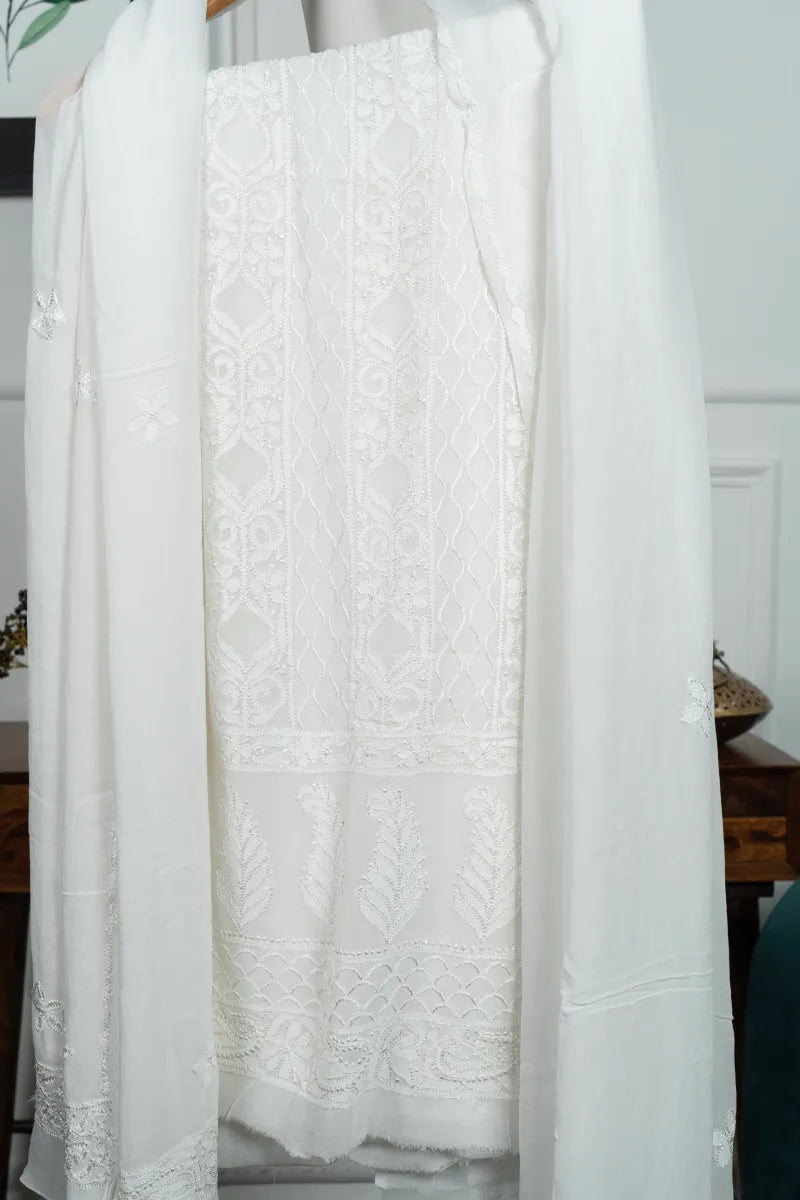 White Pure Georgette Chikankari Kurta with Dupatta – White Thread Work