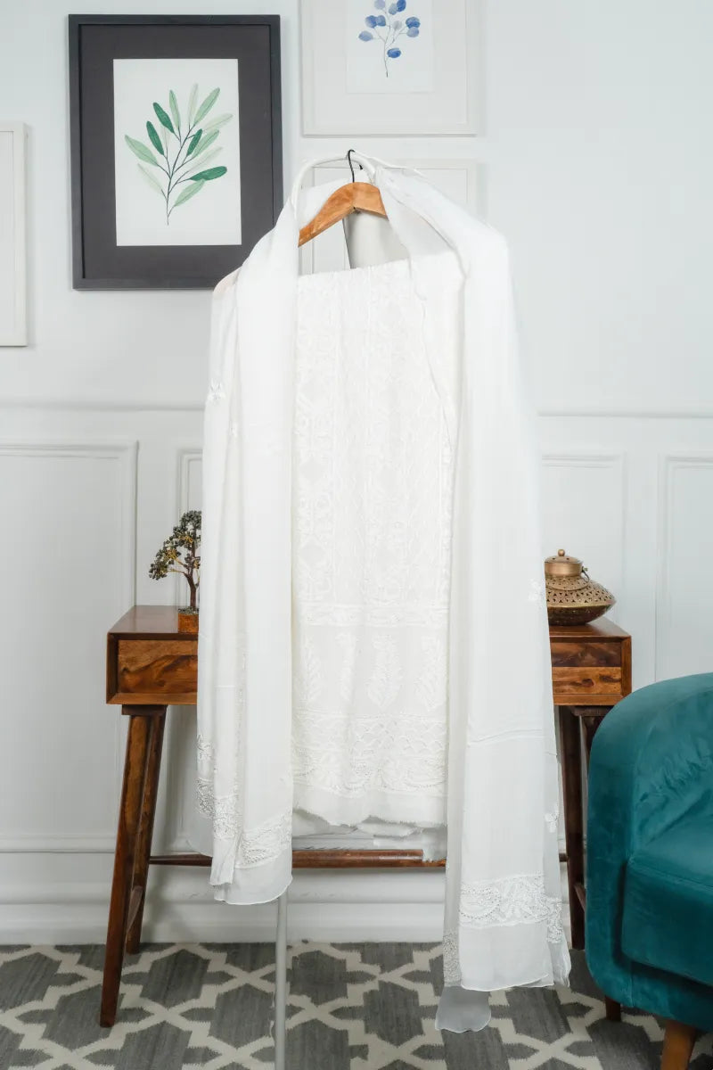 White Pure Georgette Chikankari Kurta with Dupatta – White Thread Work