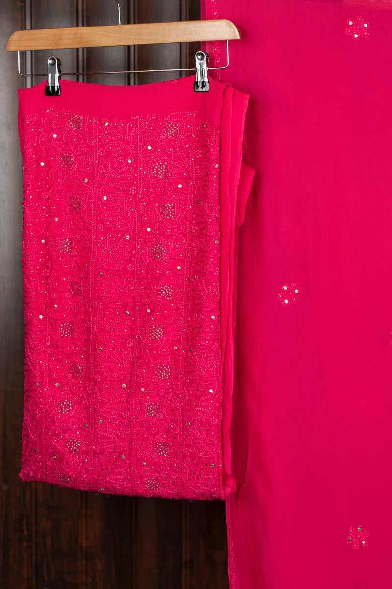 Magenta Pink Pure Georgette Chikankari Unstitched Kurta Piece with Dupatta