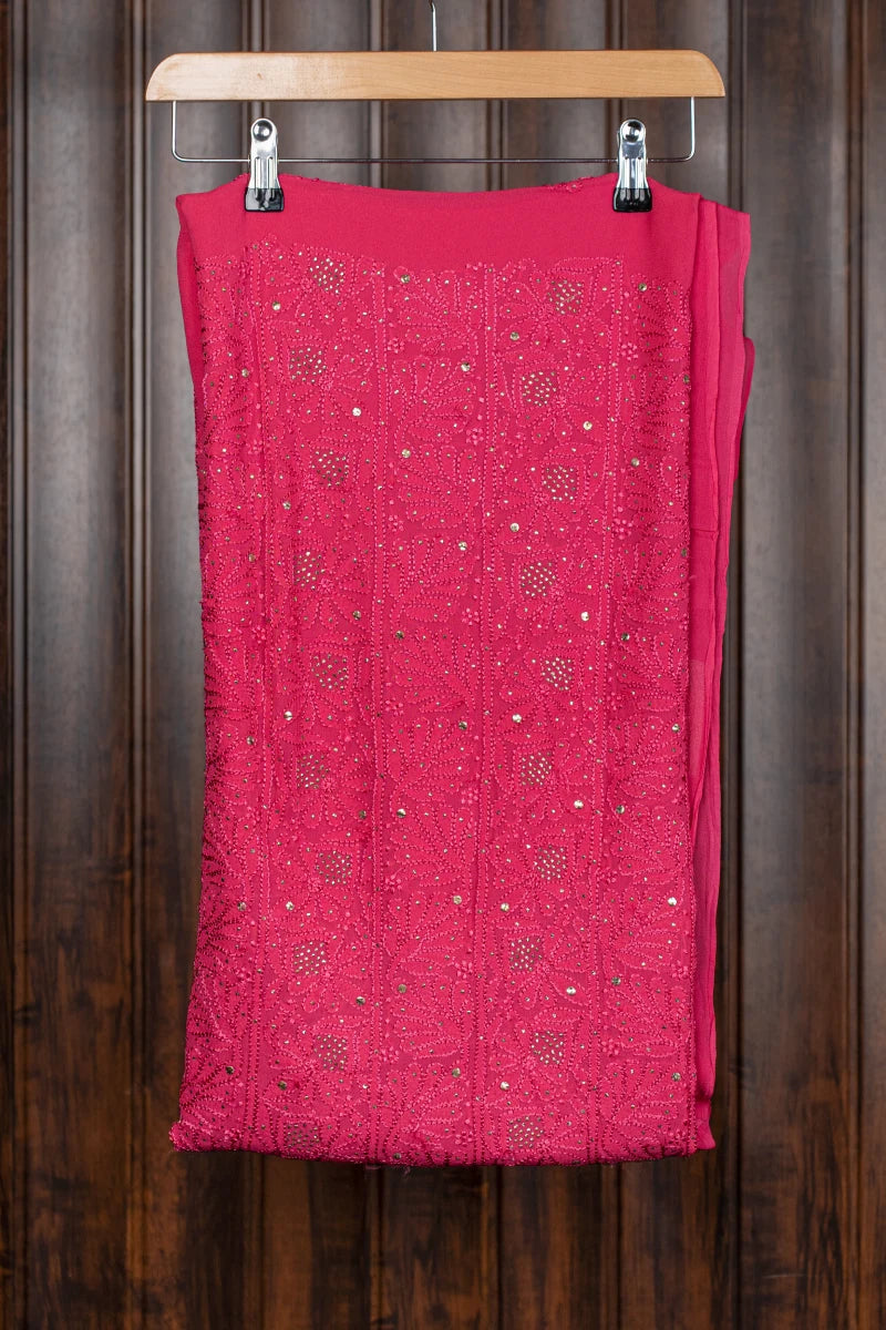 Magenta Pink Pure Georgette Chikankari Unstitched Kurta Piece with Dupatta