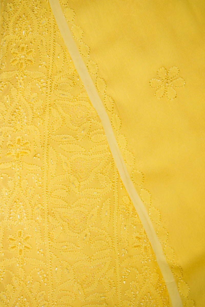 Pastel Yellow Pure Georgette Chikankari Unstitched Kurta Piece with Dupatta