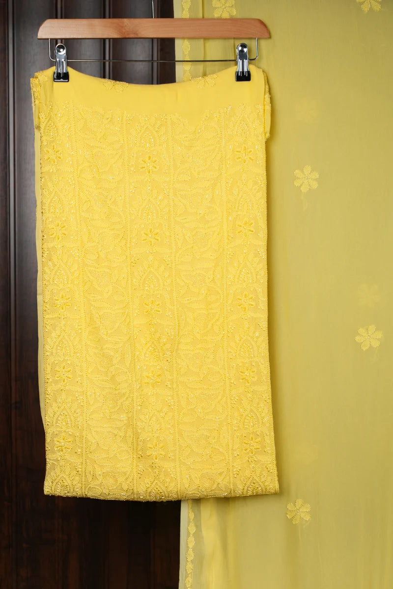 Pastel Yellow Pure Georgette Chikankari Unstitched Kurta Piece with Dupatta