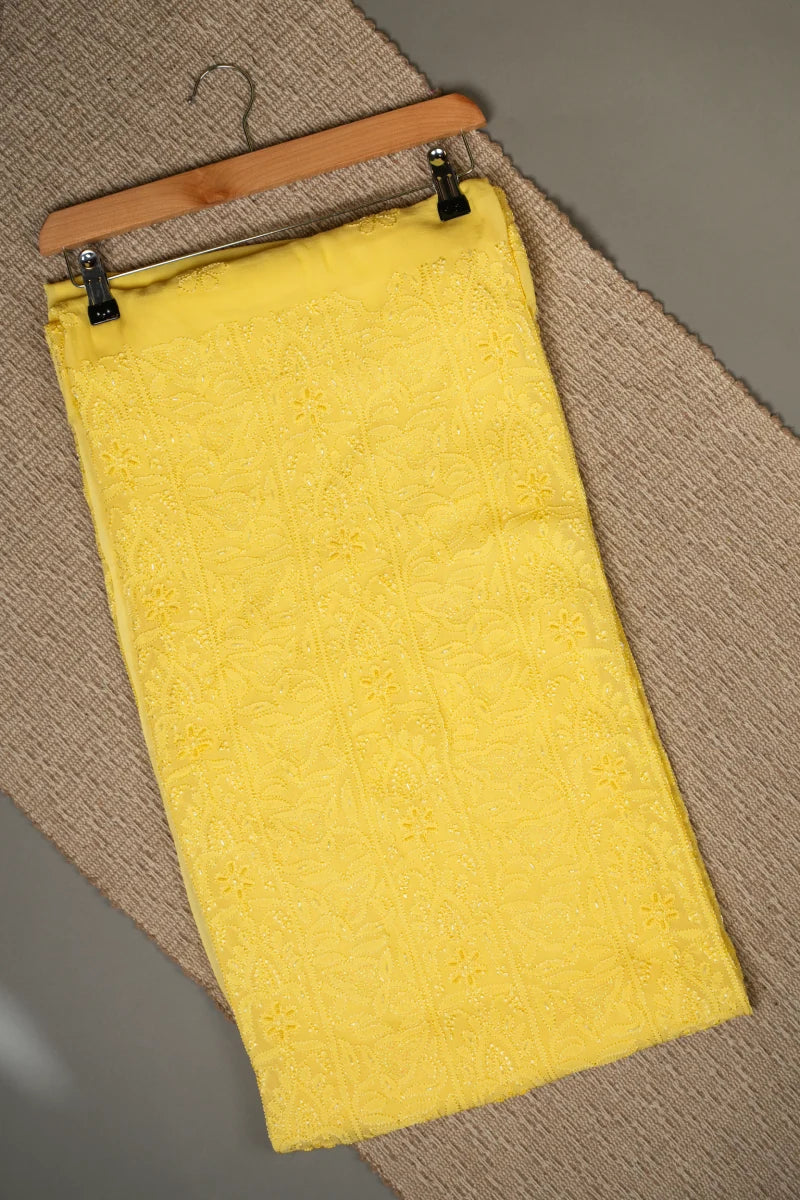 Pastel Yellow Pure Georgette Chikankari Unstitched Kurta Piece with Dupatta