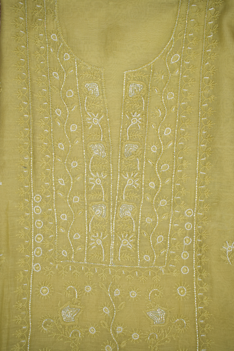 Pastel Lime Green Chanderi Unstitched Kurta Piece with Dupatta