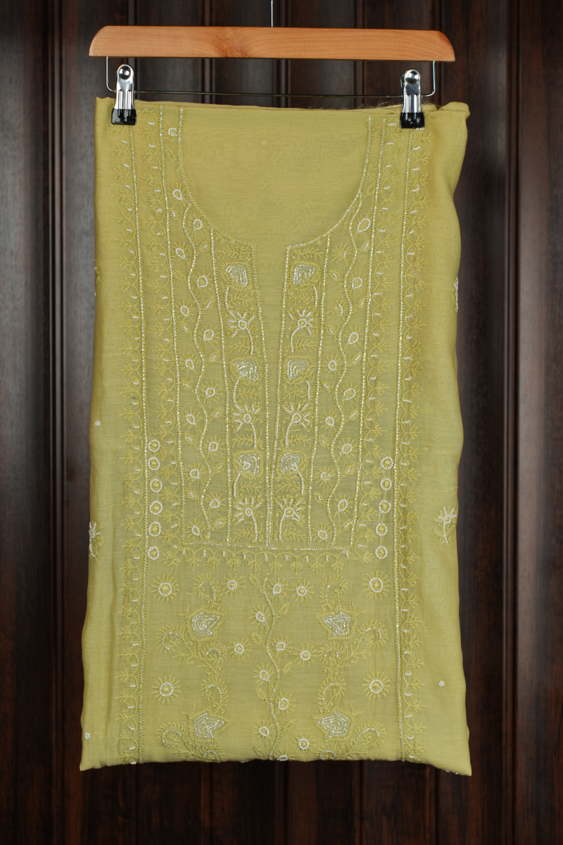 Pastel Lime Green Chanderi Unstitched Kurta Piece with Dupatta