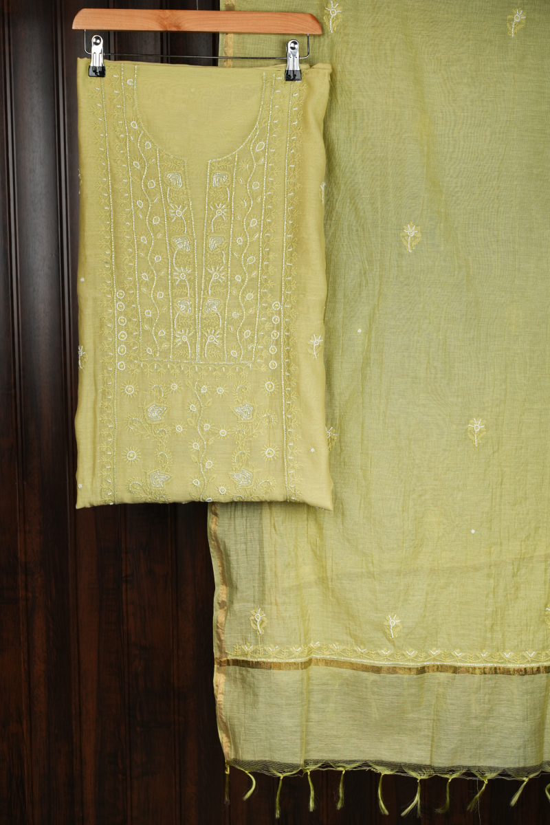 Pastel Lime Green Chanderi Unstitched Kurta Piece with Dupatta