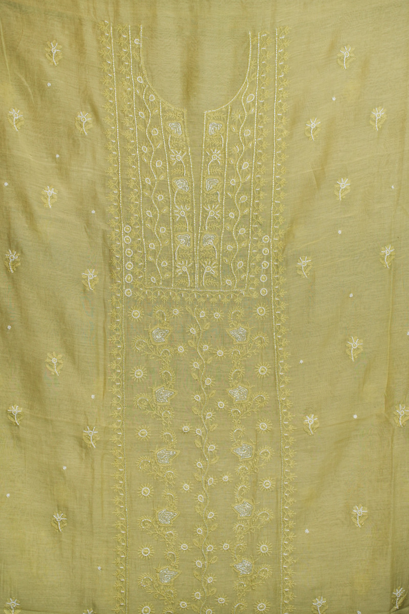 Pastel Lime Green Chanderi Unstitched Kurta Piece with Dupatta