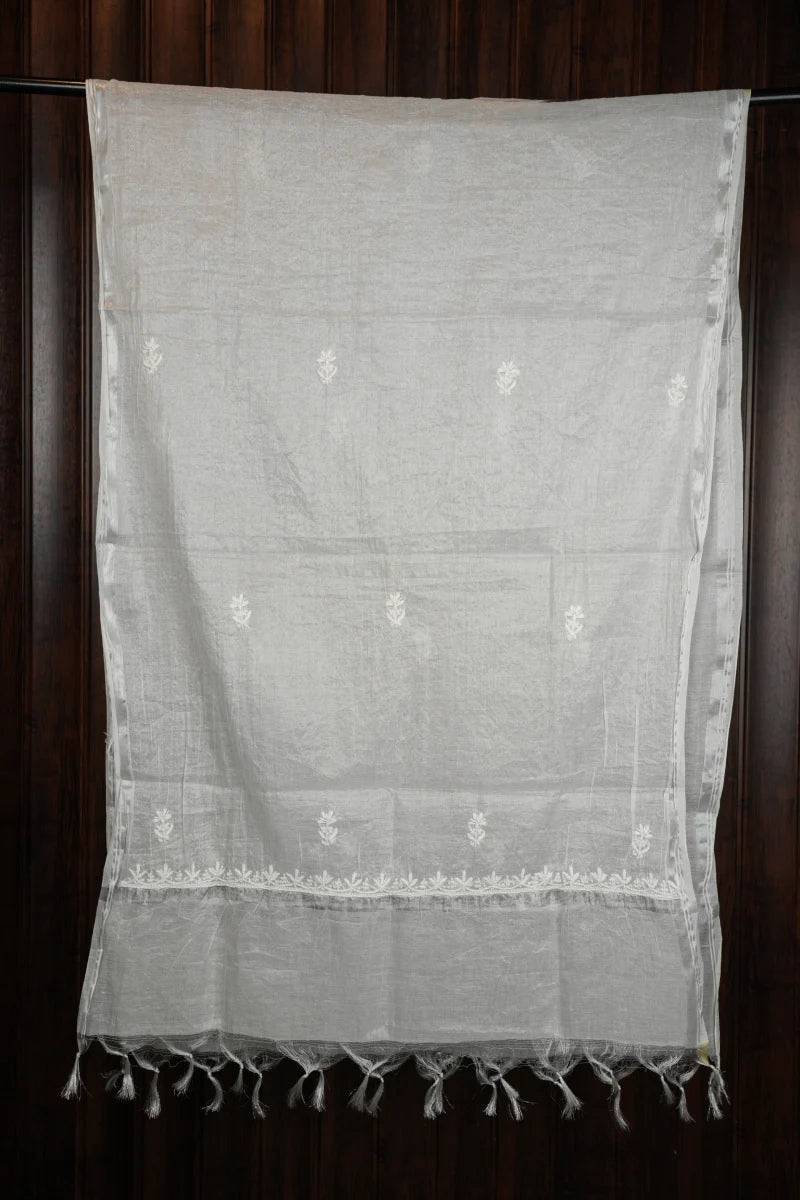 Grey Chikankari chanderi Unstitched Kurta Piece with Dupatta