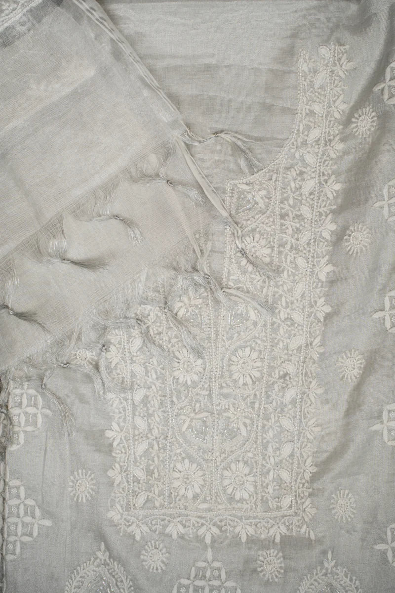 Grey Chikankari chanderi Unstitched Kurta Piece with Dupatta