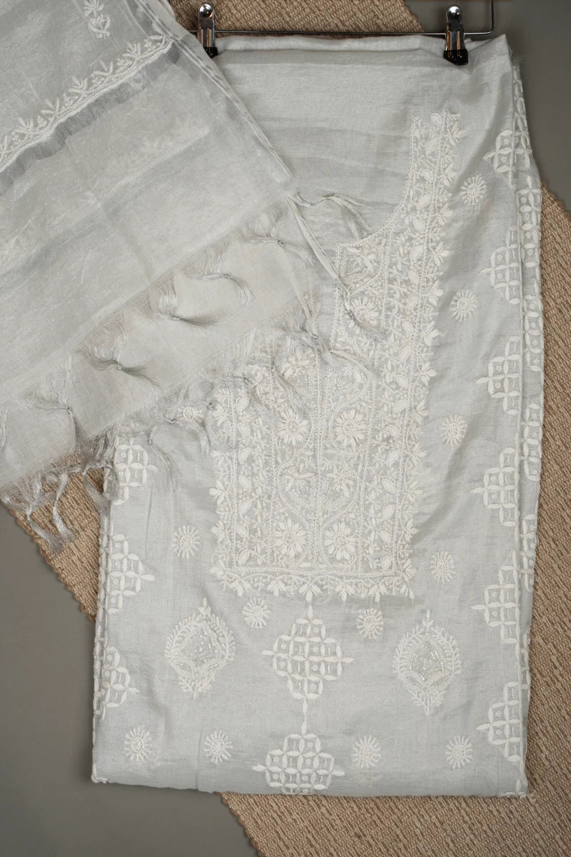 Grey Chikankari chanderi Unstitched Kurta Piece with Dupatta