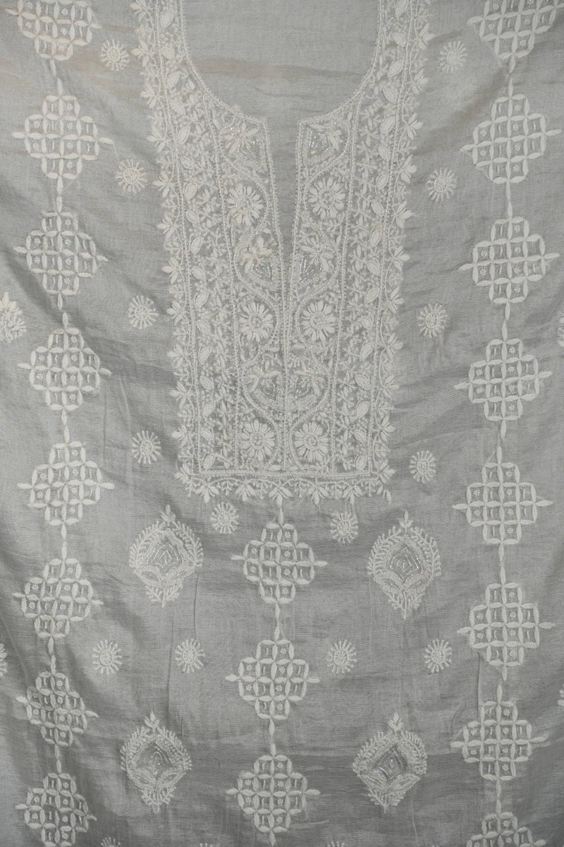 Grey Chikankari chanderi Unstitched Kurta Piece with Dupatta