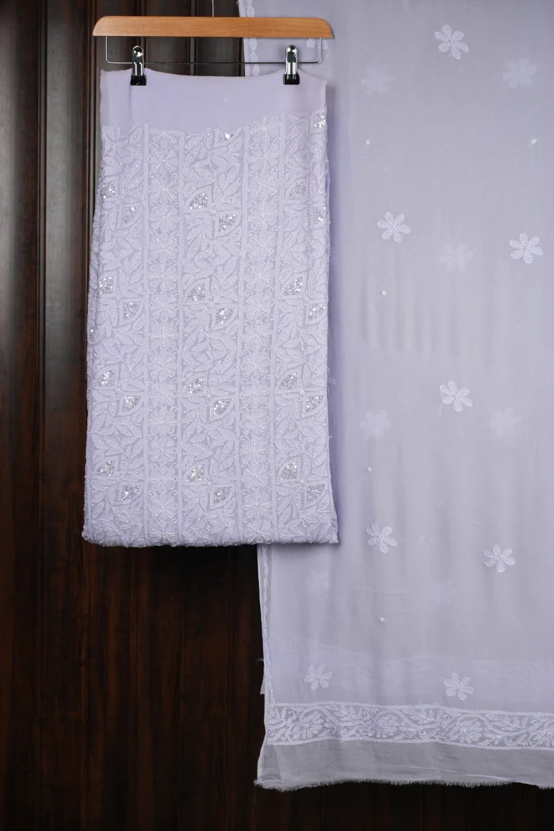 Lavender Pure Georgette Chikankari Unstitched Kurta Piece with Dupatta