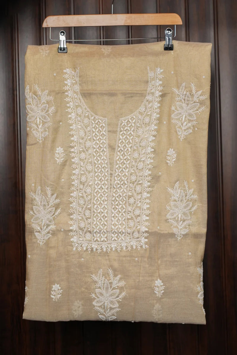 Tashore Golden Chanderi Chikankari Unstitched Kurta Piece with Dupatta