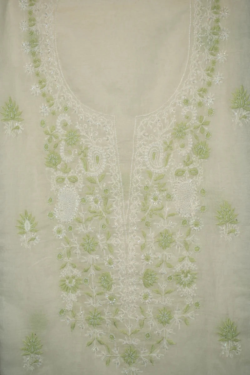 Viscose White Chanderi Chikankari Unstitched Kurta Piece with Dupatta