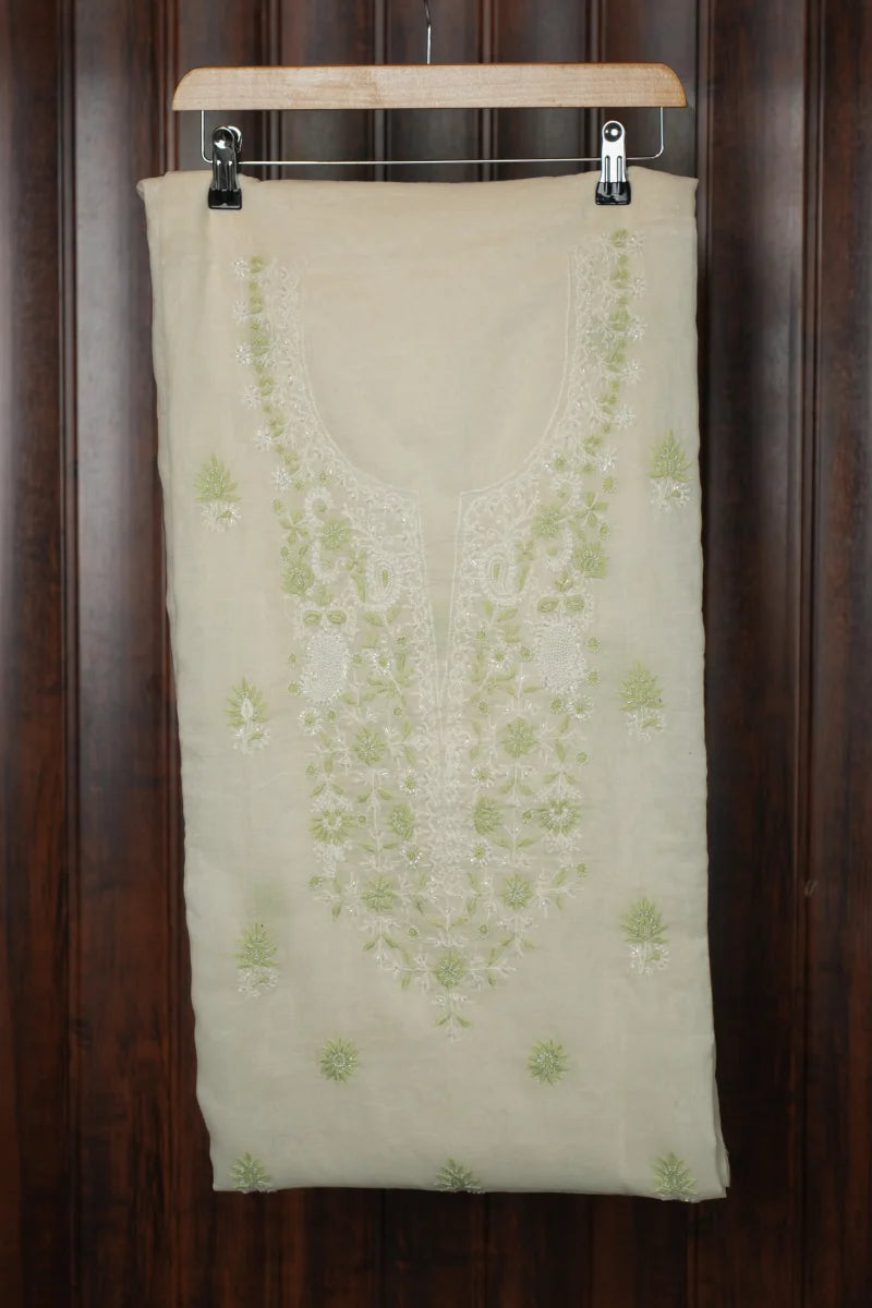 Viscose White Chanderi Chikankari Unstitched Kurta Piece with Dupatta