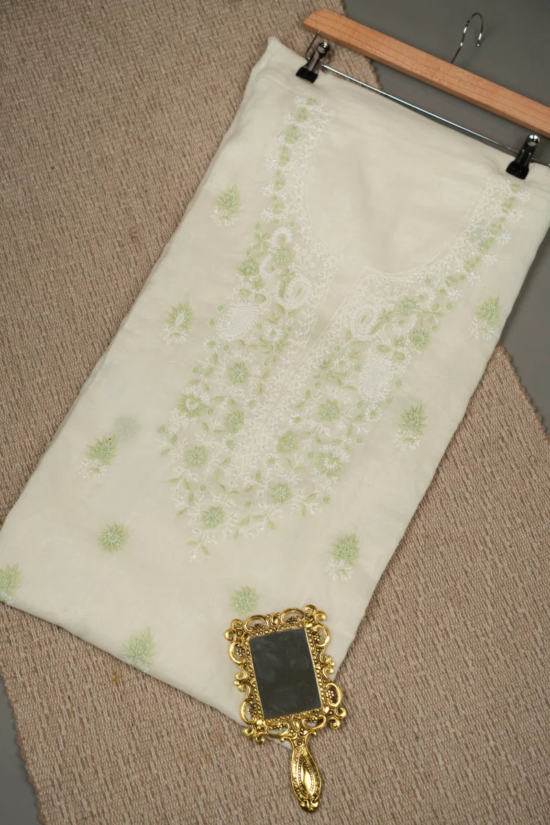 Viscose White Chanderi Chikankari Unstitched Kurta Piece with Dupatta