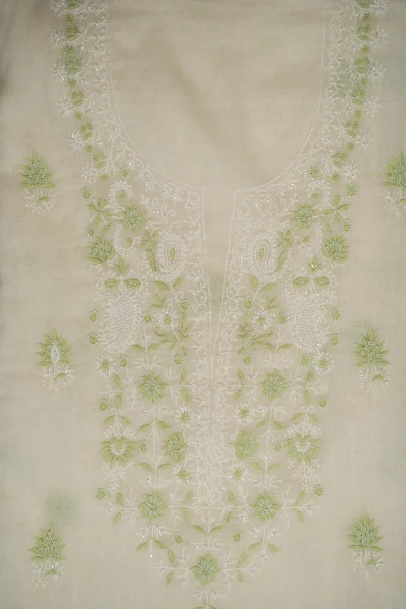Viscose White Chanderi Chikankari Unstitched Kurta Piece with Dupatta