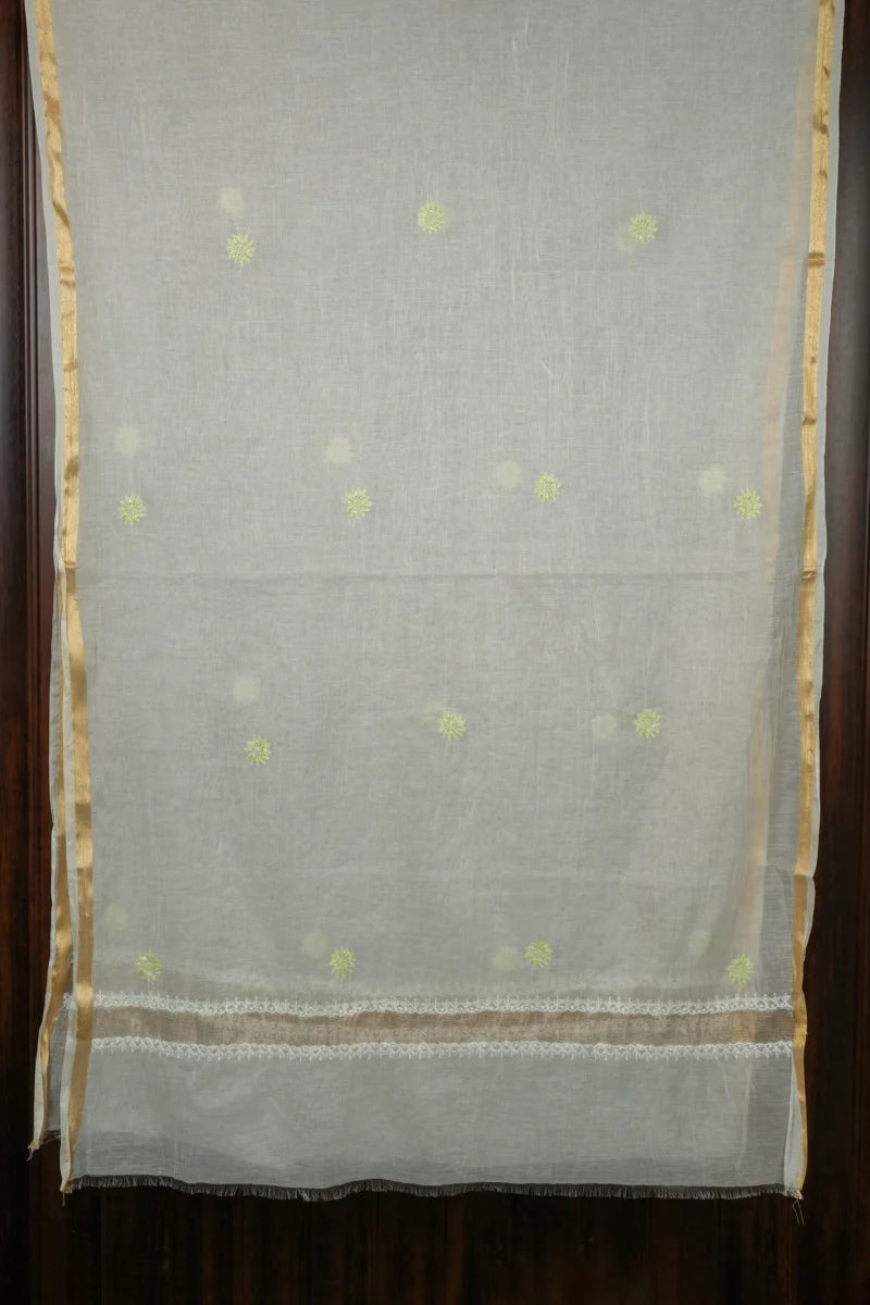 Viscose White Chanderi Chikankari Unstitched Kurta Piece with Dupatta