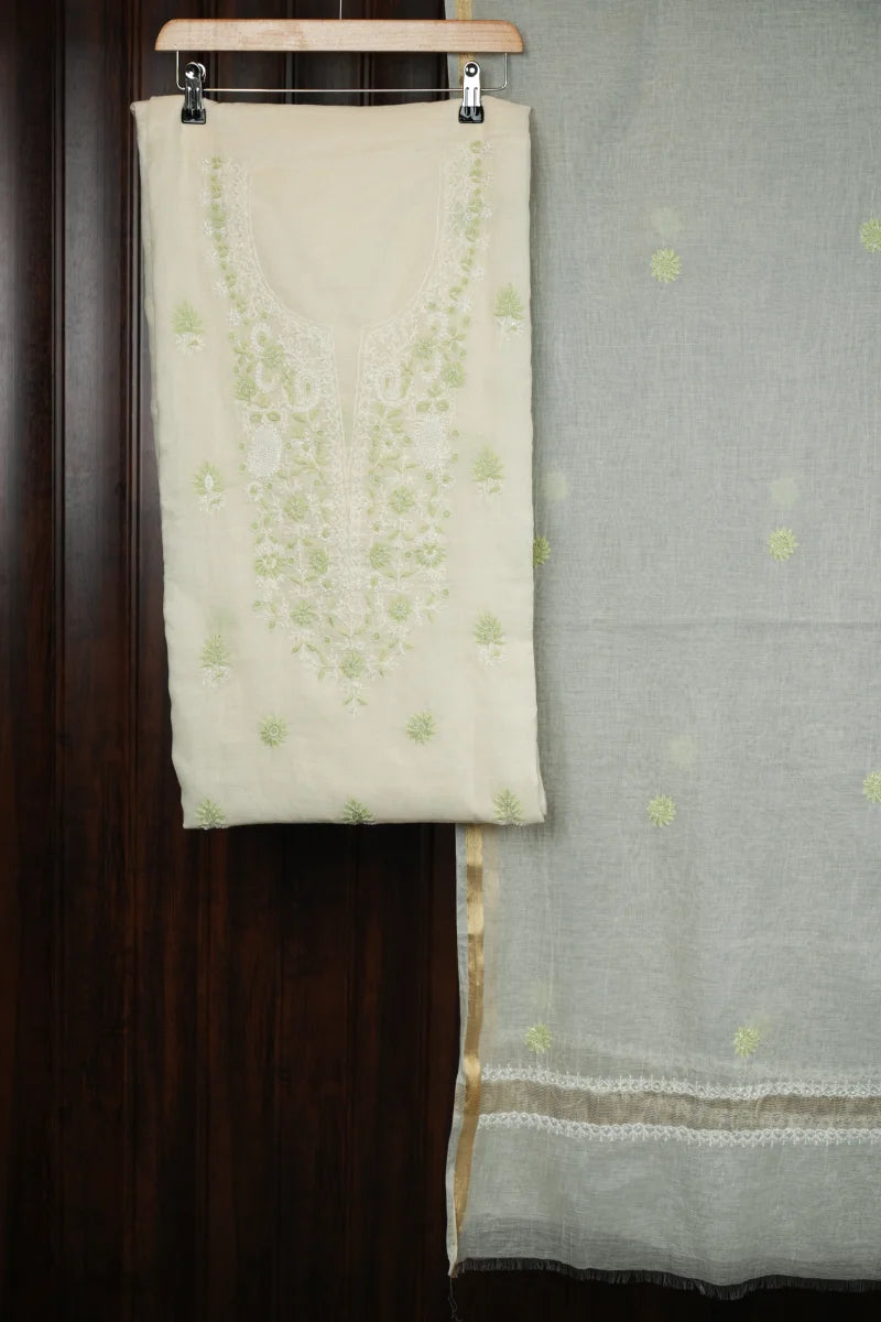 Viscose White Chanderi Chikankari Unstitched Kurta Piece with Dupatta