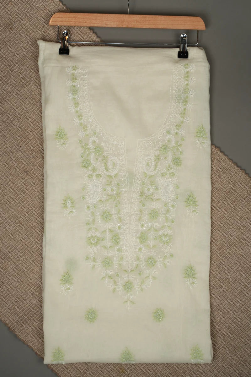 Viscose White Chanderi Chikankari Unstitched Kurta Piece with Dupatta