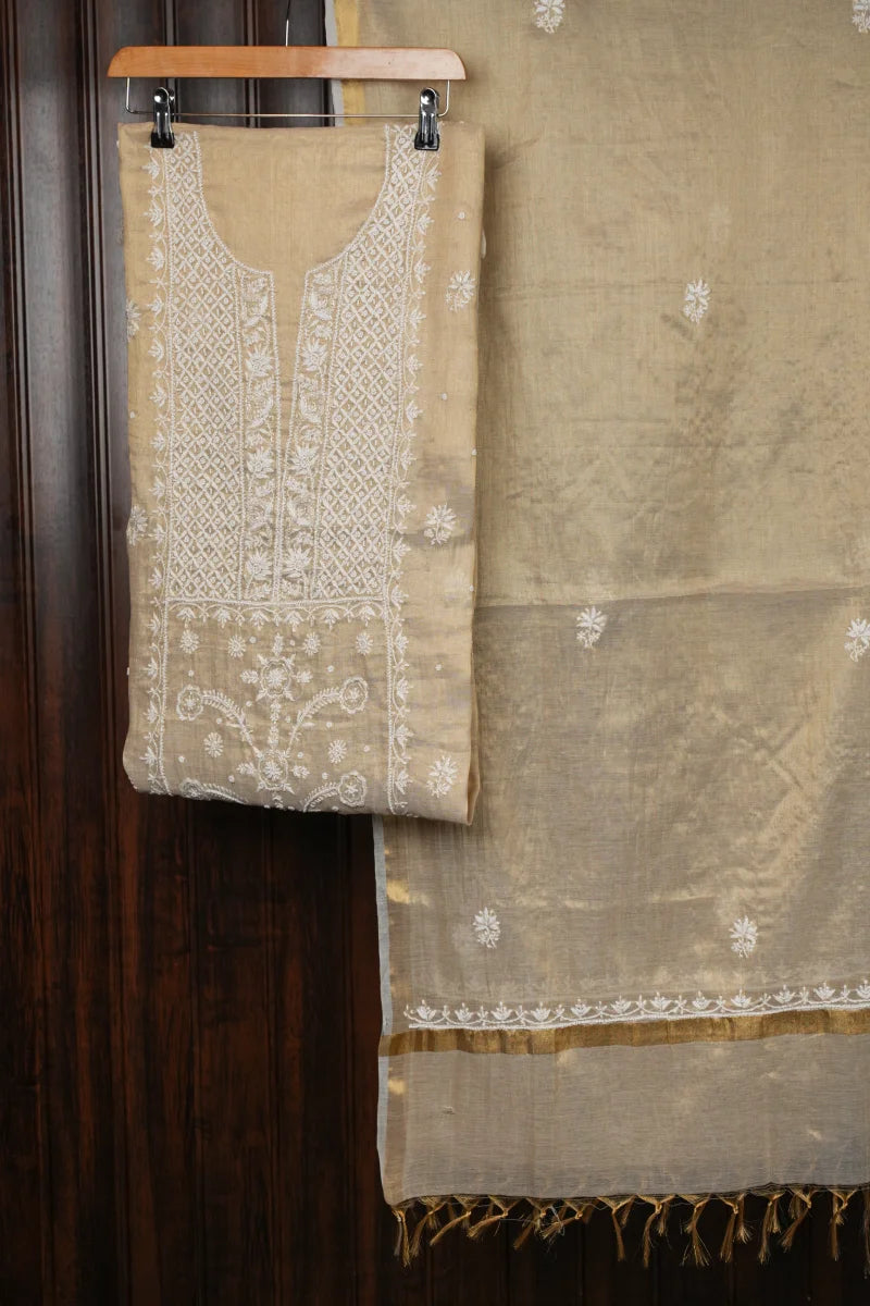 Tashore Golden Brown Chanderi Chikankari Unstitched Kurta Piece with Dupatta