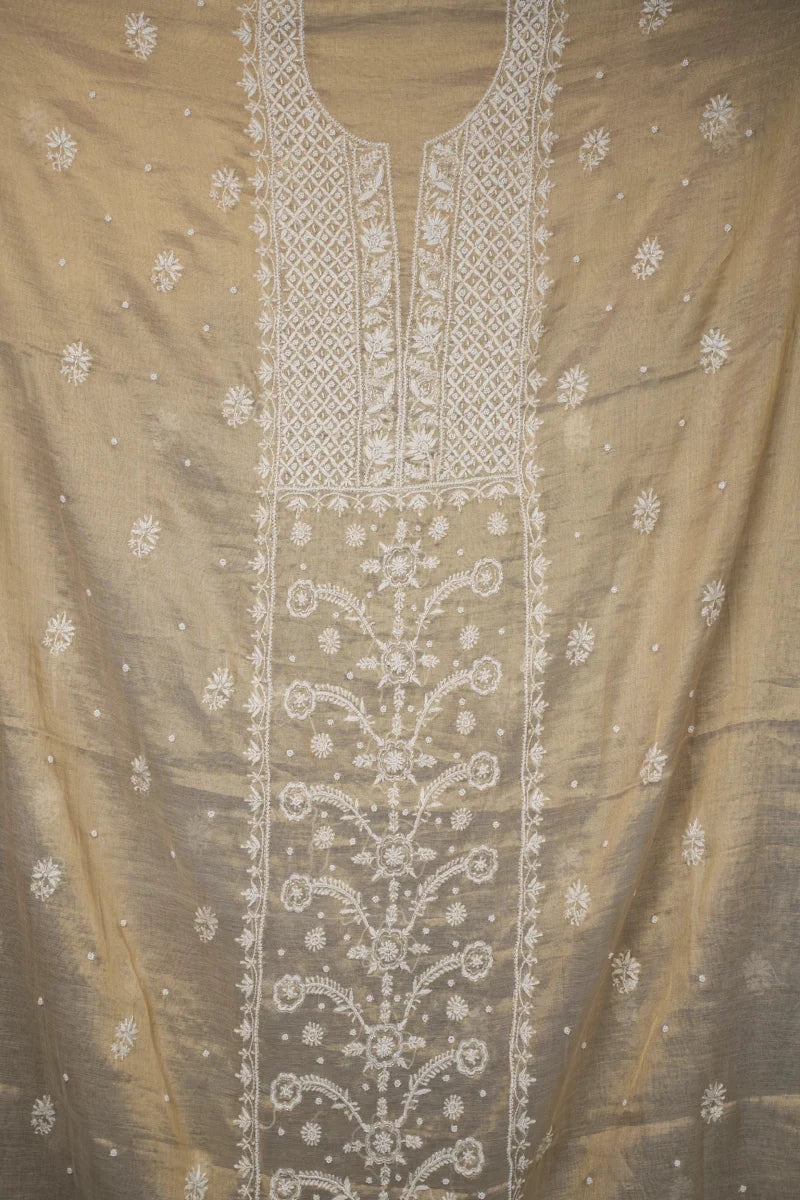 Tashore Golden Brown Chanderi Chikankari Unstitched Kurta Piece with Dupatta