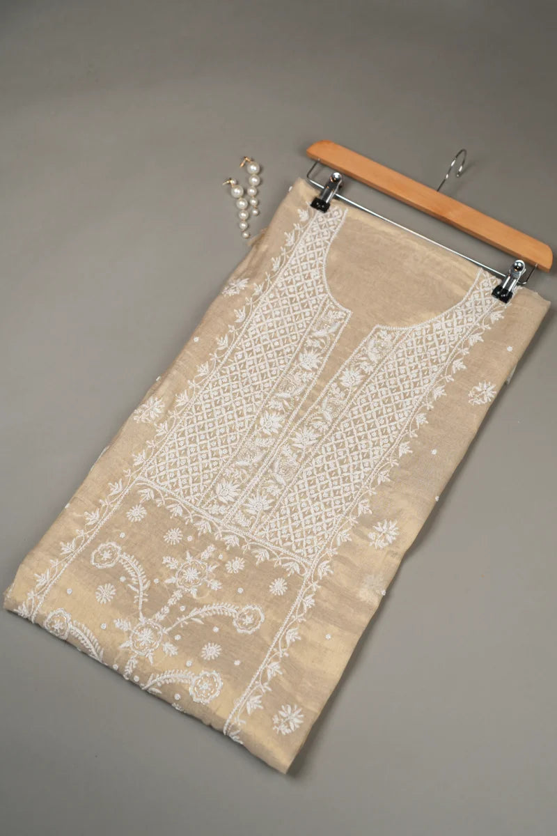Tashore Golden Brown Chanderi Chikankari Unstitched Kurta Piece with Dupatta