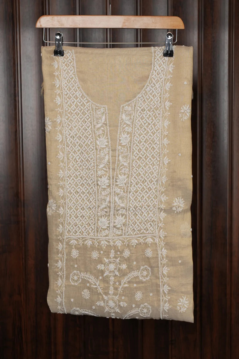Tashore Golden Brown Chanderi Chikankari Unstitched Kurta Piece with Dupatta