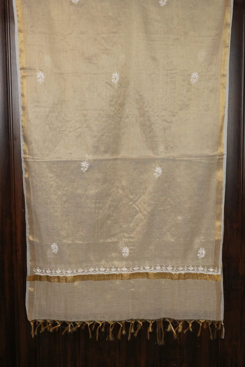 Tashore Golden Brown Chanderi Chikankari Unstitched Kurta Piece with Dupatta