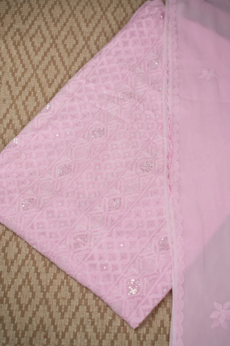 Baby Pink Pure Georgette Chikankari Unstitched Kurta Piece with Dupatta