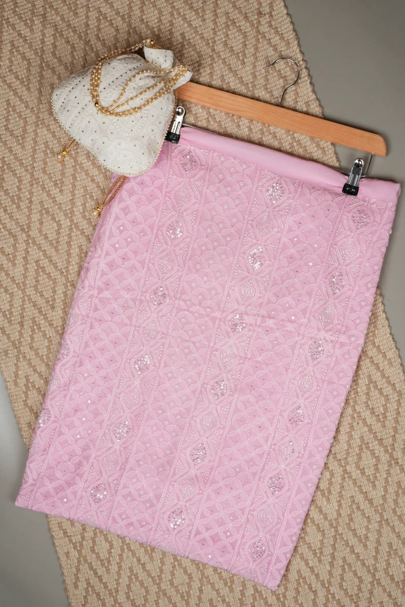 Baby Pink Pure Georgette Chikankari Unstitched Kurta Piece with Dupatta
