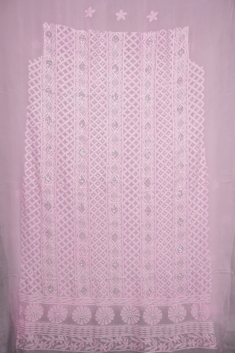 Baby Pink Pure Georgette Chikankari Unstitched Kurta Piece with Dupatta