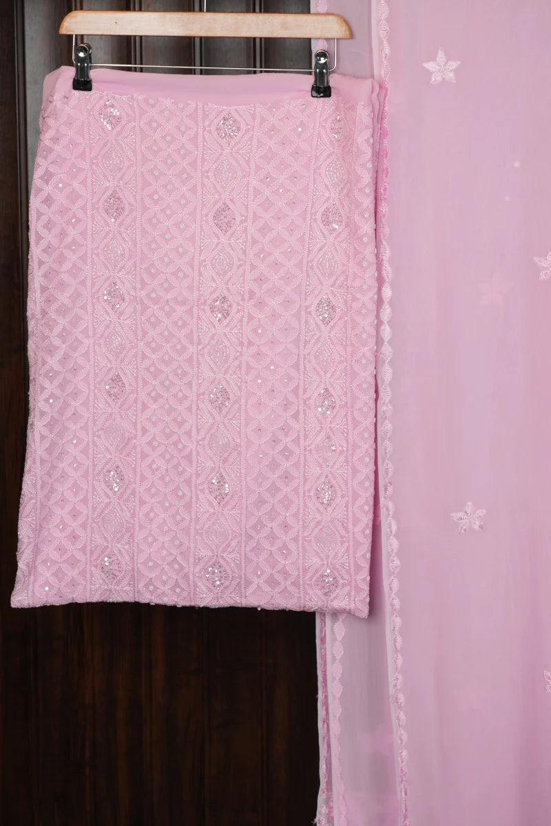 Baby Pink Pure Georgette Chikankari Unstitched Kurta Piece with Dupatta