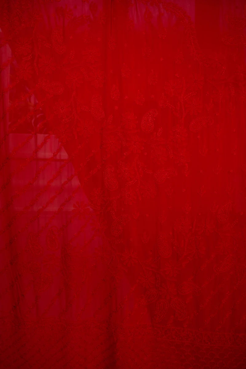 Fushia Red Chikankari with Resham Dhaga Work Georgette Saree with Unstitched Blouse