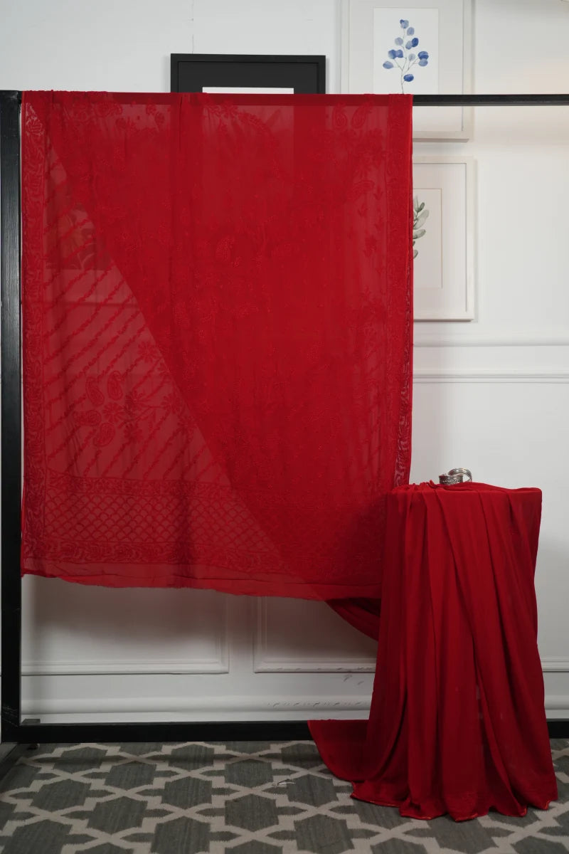 Fushia Red Chikankari with Resham Dhaga Work Georgette Saree with Unstitched Blouse