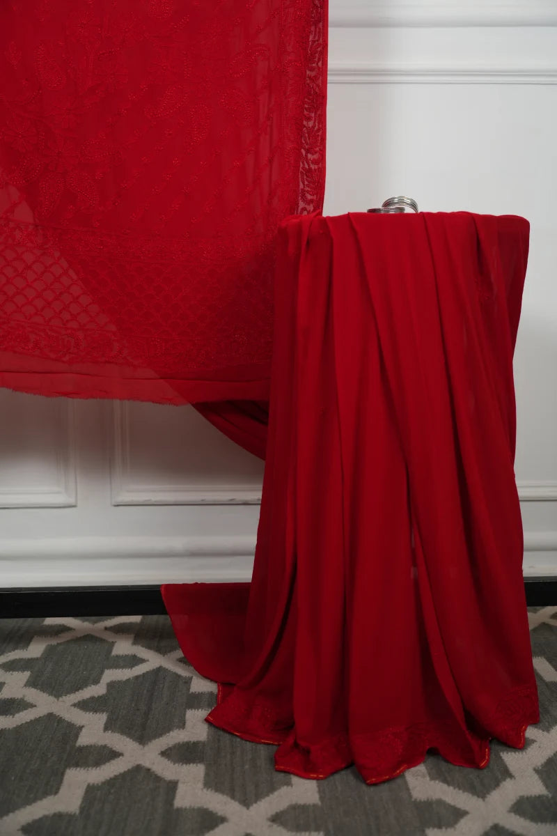 Fushia Red Chikankari with Resham Dhaga Work Georgette Saree with Unstitched Blouse