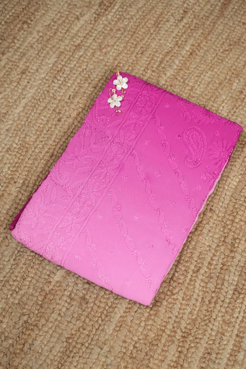 Ombre Pink Georgette Chikankari Saree with Unstitched Blouse