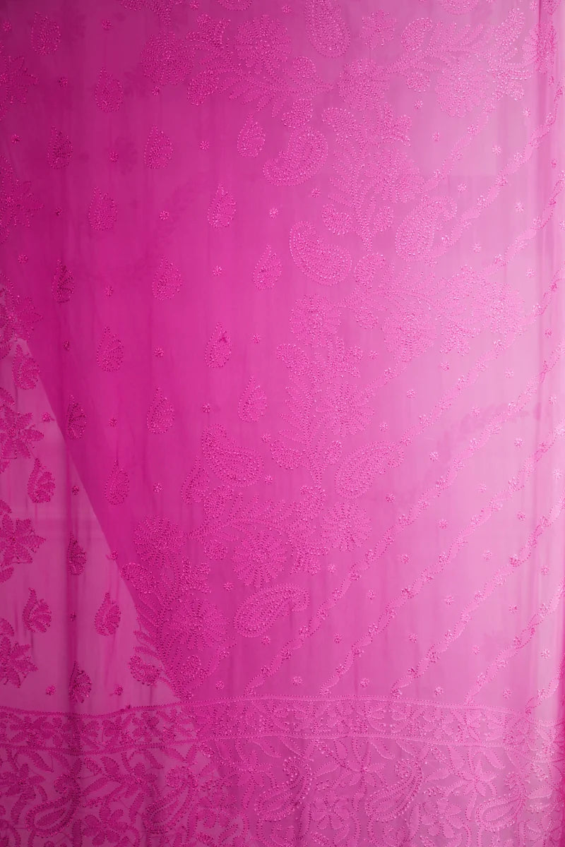 Ombre Pink Georgette Chikankari Saree with Unstitched Blouse