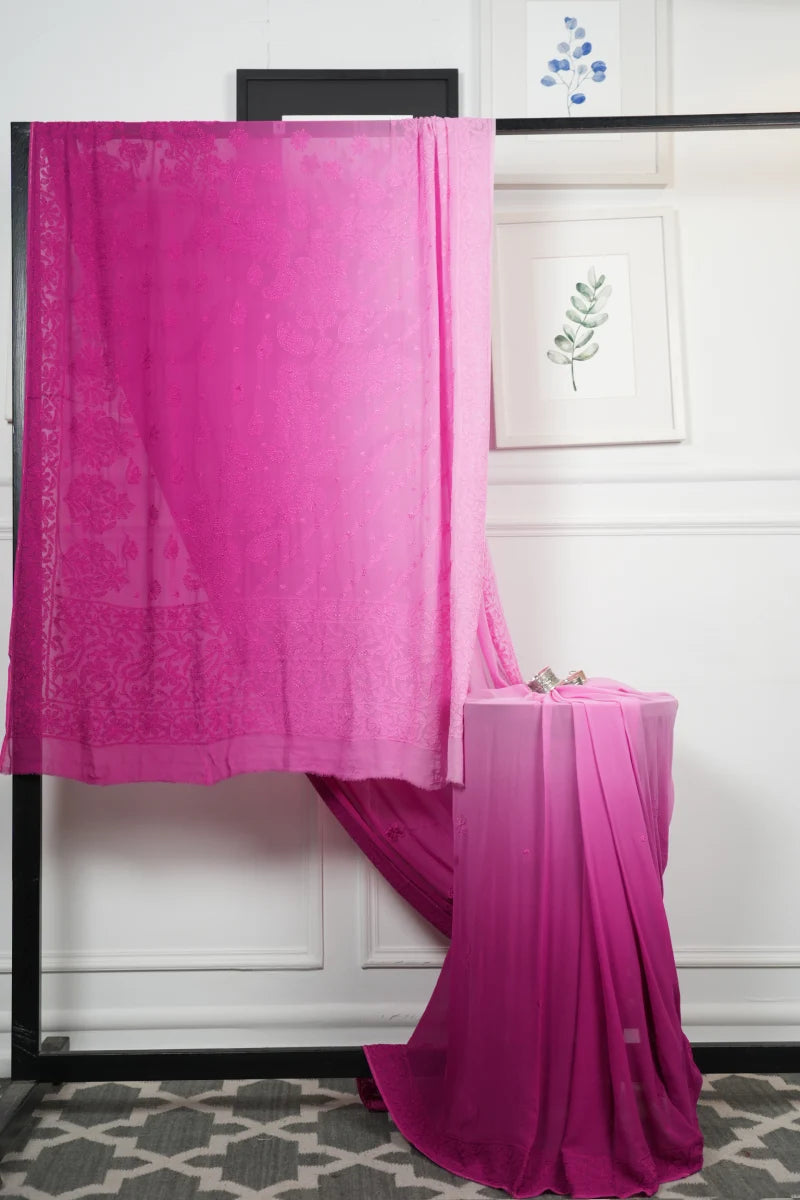 Ombre Pink Georgette Chikankari Saree with Unstitched Blouse