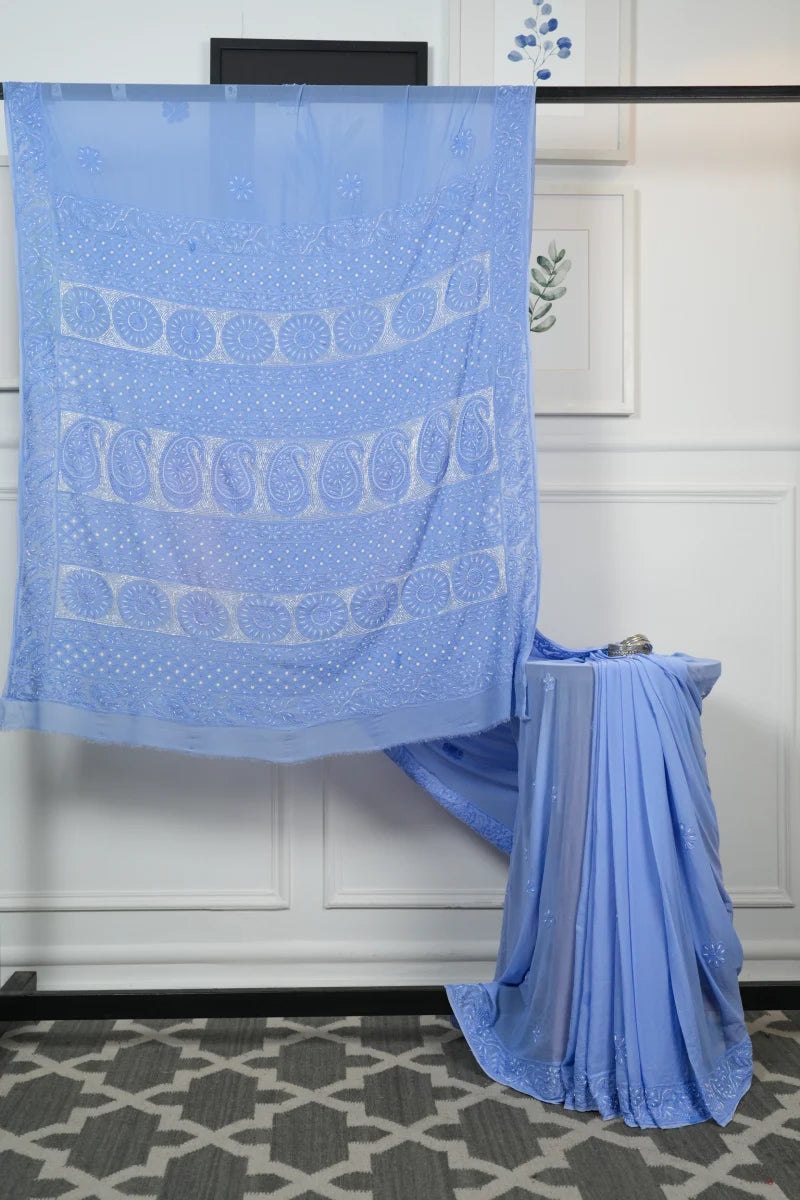 Light Violet Georgette Saree with Katdana, Pearl & Resham Dhaga Work