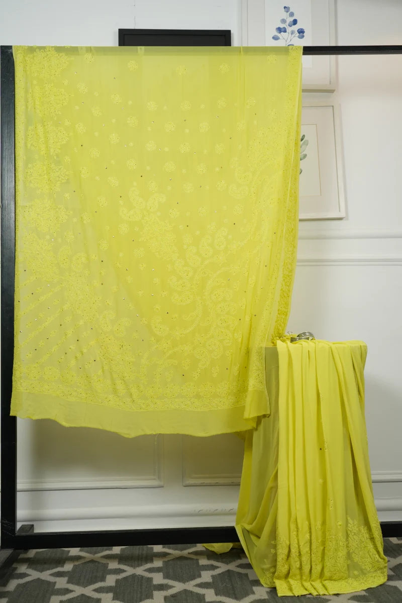 Lime Georgette Saree with Mukesh & Resham Dhaga Work