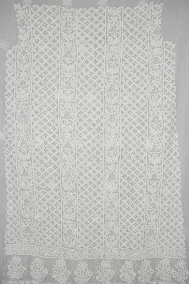 White Pure Georgette Chikankari Unstitched Suit