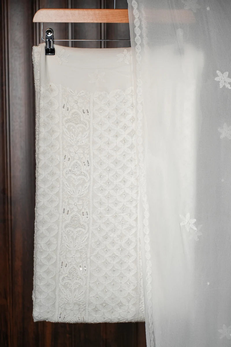 White Pure Georgette Chikankari Unstitched Suit