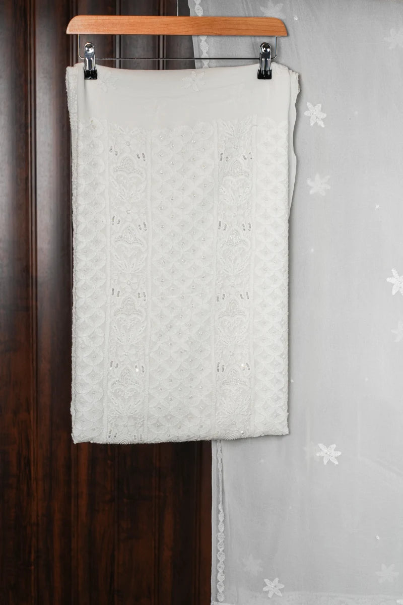 White Pure Georgette Chikankari Unstitched Suit